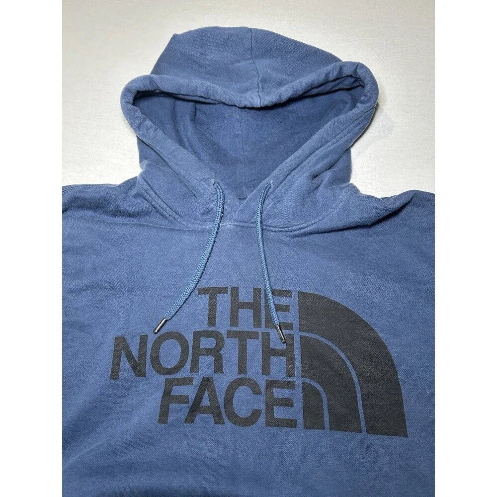 The North Face blue hoodie men's L black screen-printed logo, Gorpcore